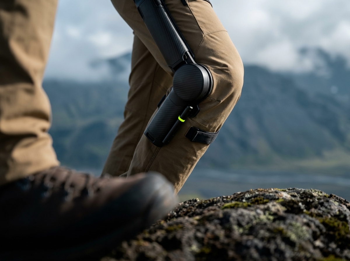 Close-up of the matte-black MO/GO carbon-fiber rotary knee joint attached to Arc'teryx Gamma trekking pants