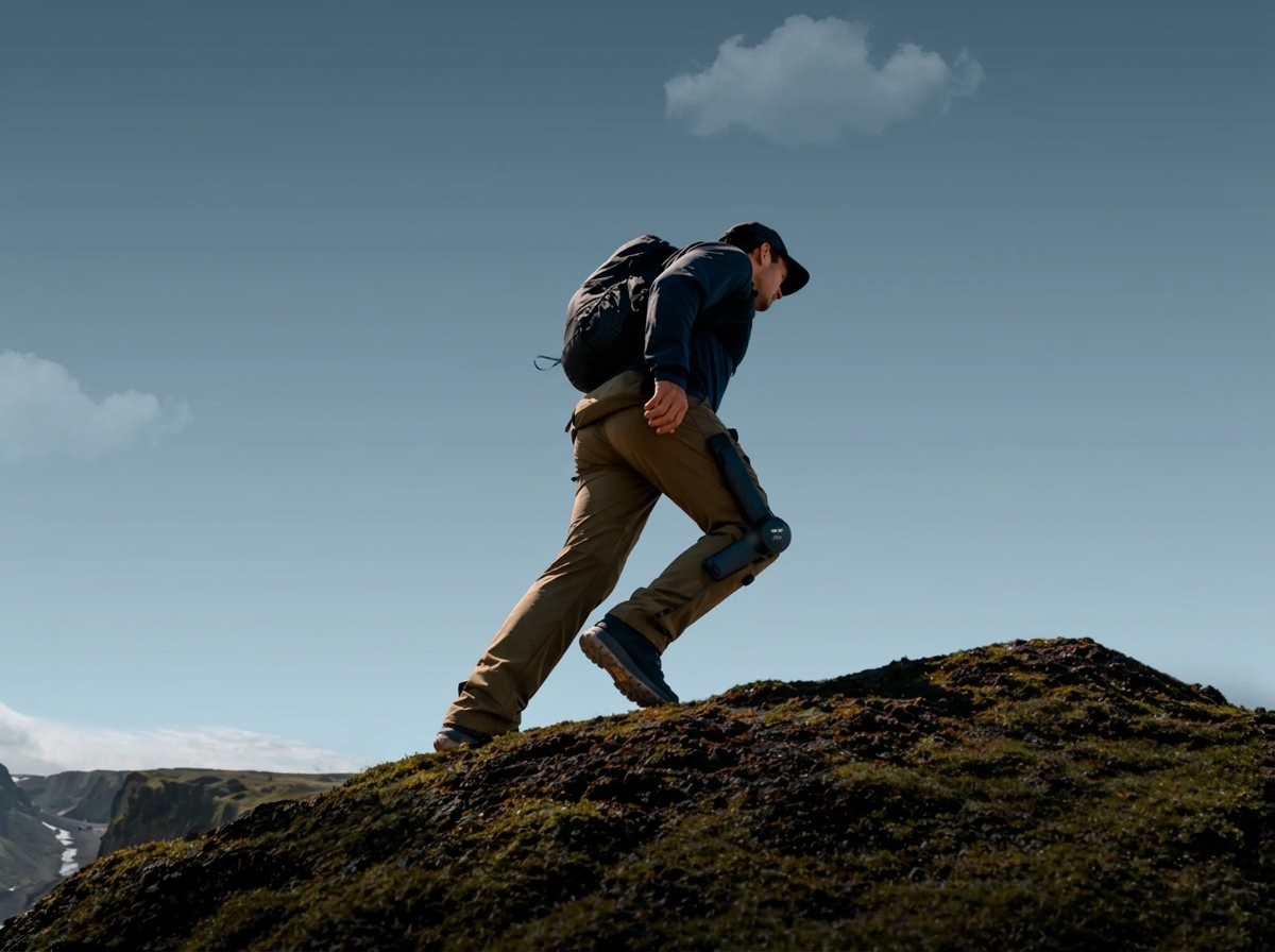 Mountaineer ascending a mossy alpine ridge wearing Skip MO/GO powered clothing